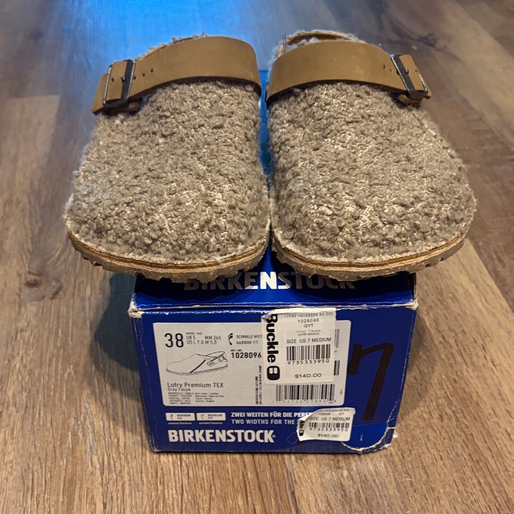 Birkenstock Gray Taupe Wool Clogs with Tan Strap